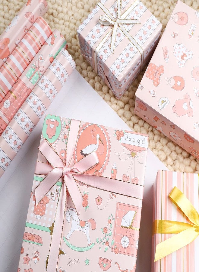 WRAPAHOLIC 30 Inch Baby Girl Wrapping Paper - Jumbo Roll Cute Pink Baby Girl Design Perfect for Baby Shower, Birthday, New Born Present Packing - 4 Rolls - 30 Inch X 120 Inch Per Roll - Image 3